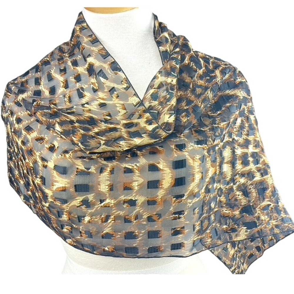 Animal Leopard Print Silky Scarf (60x15) Rectangle Sheer Metallic Gold Mobwife